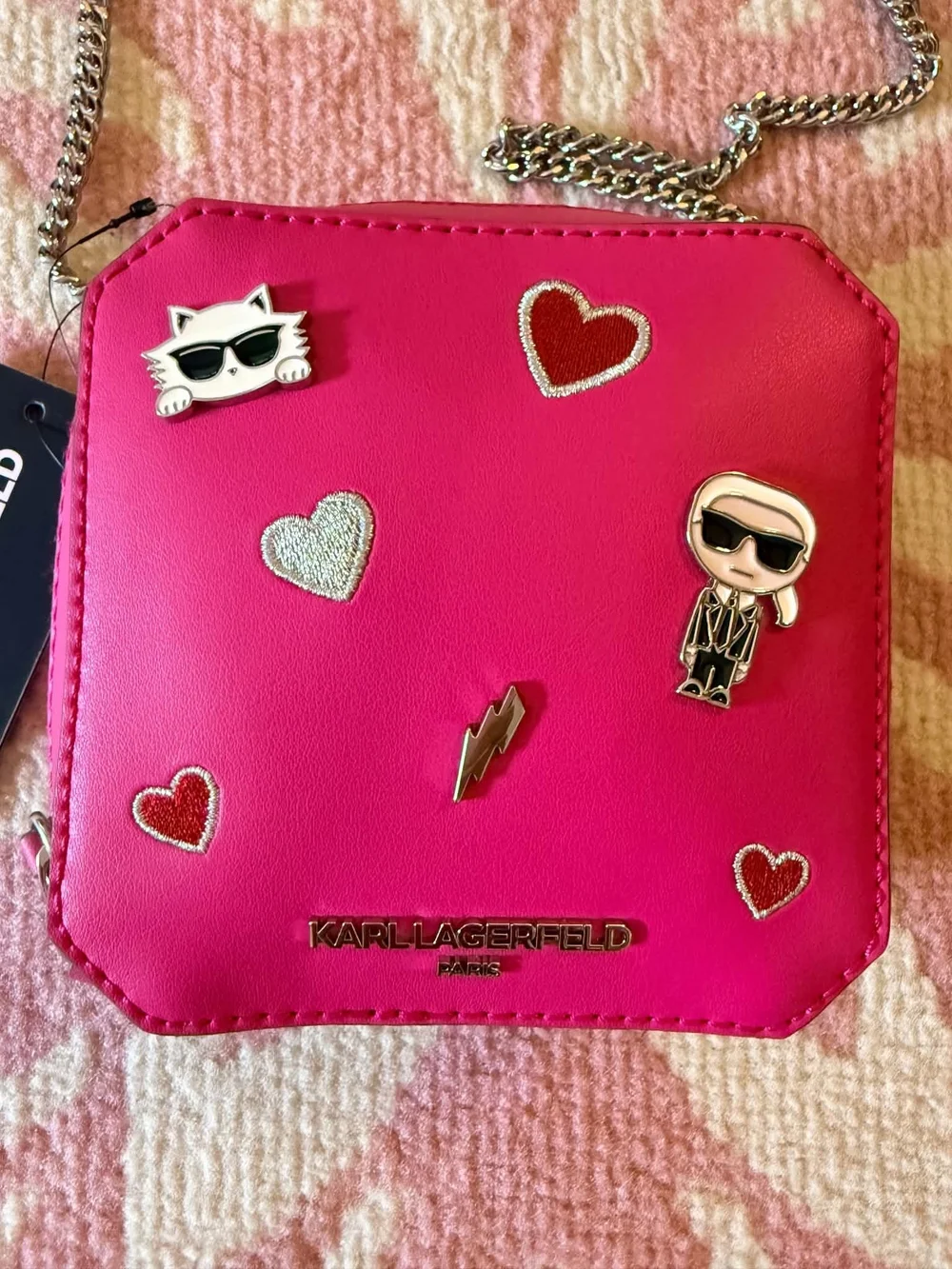 Karl Lagerfeld Pink Mini Crossbody Bag with Chain and Charm Embelishments NWT